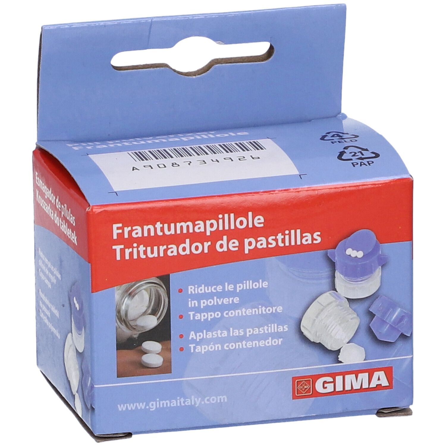 Confezione con immagine del prodotto e testo. Scritta: Frantumapillole. Marchio: GIMA. Immagine e testo del prodotto in più lingue.