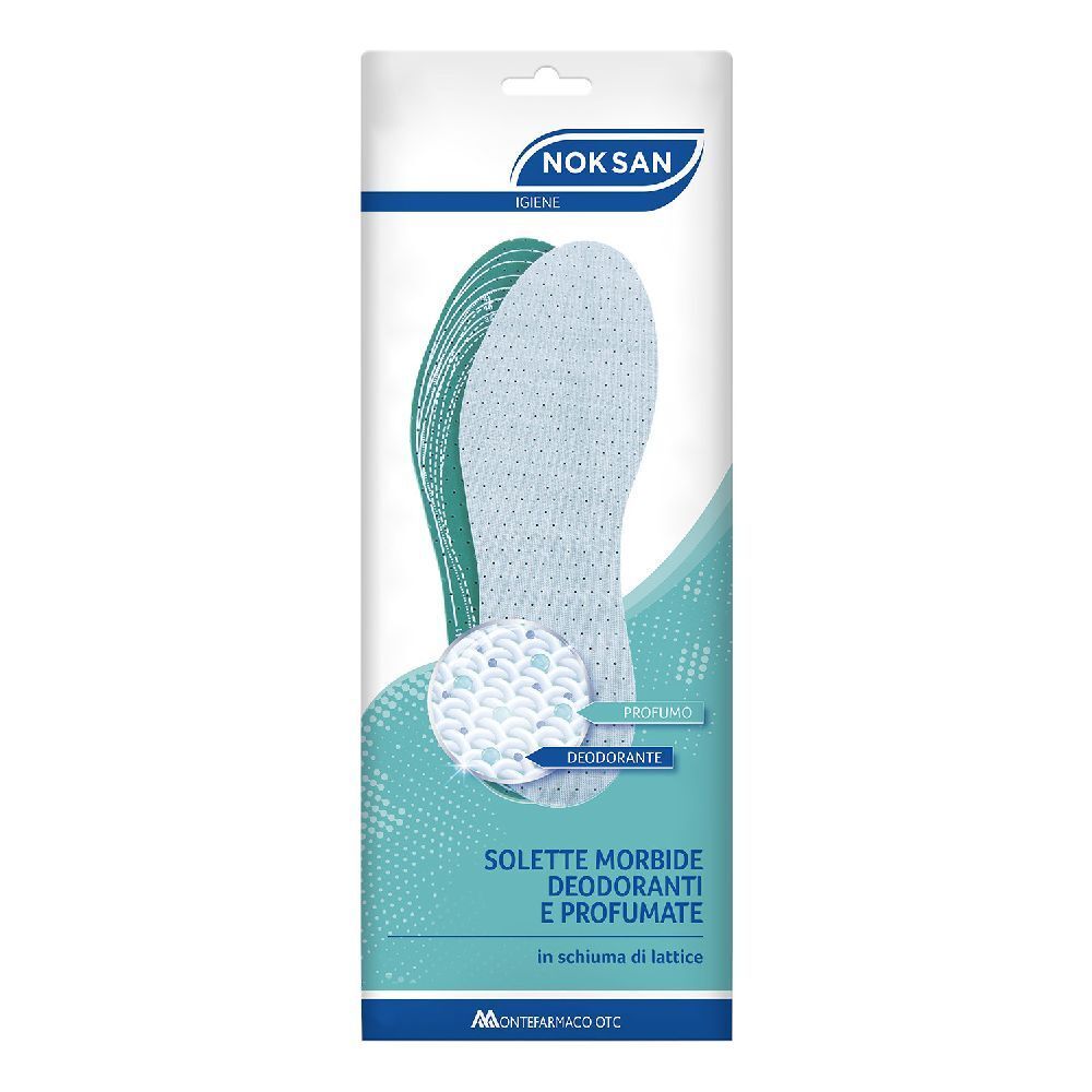Confezione di solette Nok San. Solette blu e verdi, vista dettagliata. Testo: Solette Morbide Deodoranti e Profumate.