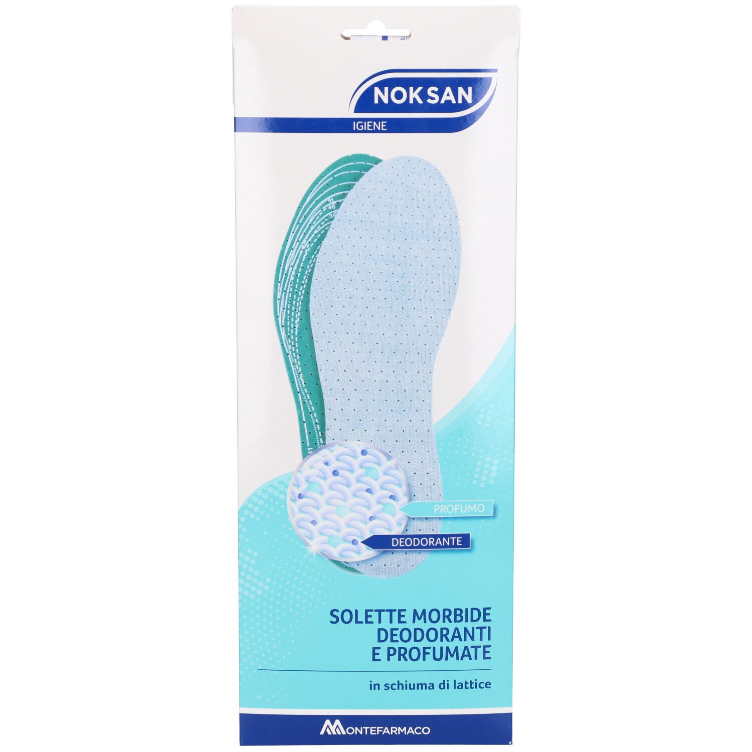 Confezione di solette Nok San. Solette blu e verdi, vista dettagliata. Testo: Solette Morbide Deodoranti e Profumate.