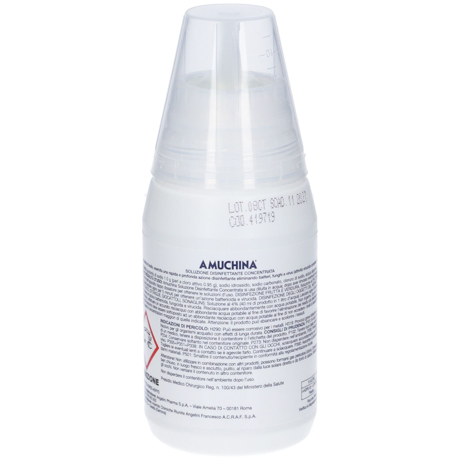 Rückseite der weißen Flasche. Text und Barcode. Aufdruck: LOT. Text: Soluzione Disinfettante Concentrata.