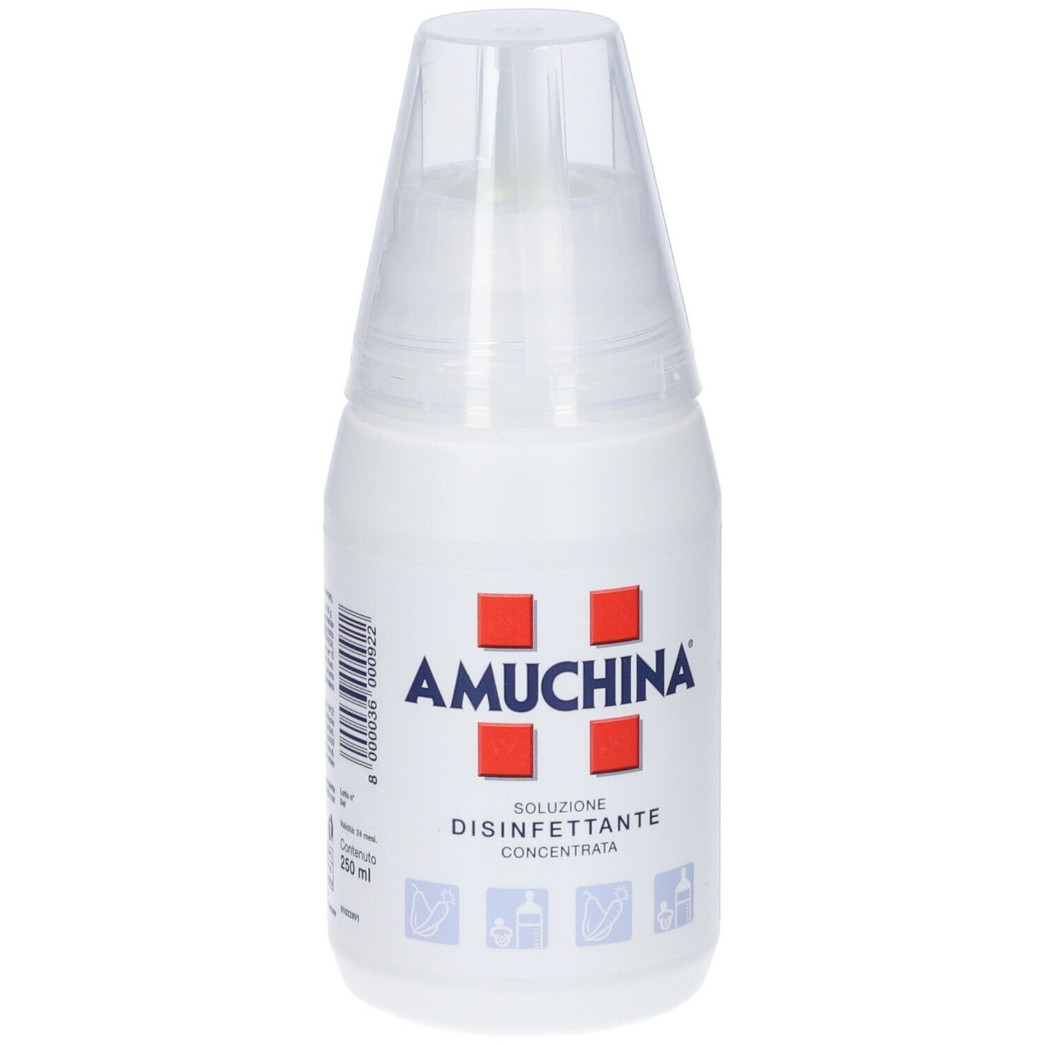 Weiße Flasche mit transparentem Verschluss. Roter Schriftzug AMUCHINA. Text: Soluzione Disinfettante Concentrata.