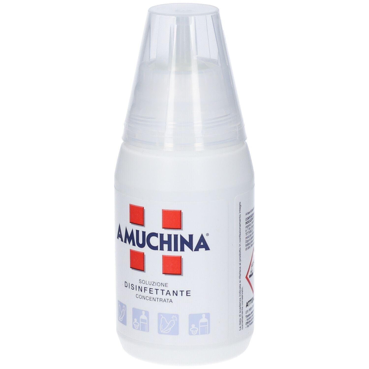 Weiße Flasche mit transparentem Verschluss. Roter Schriftzug AMUCHINA. Text: Soluzione Disinfettante Concentrata.