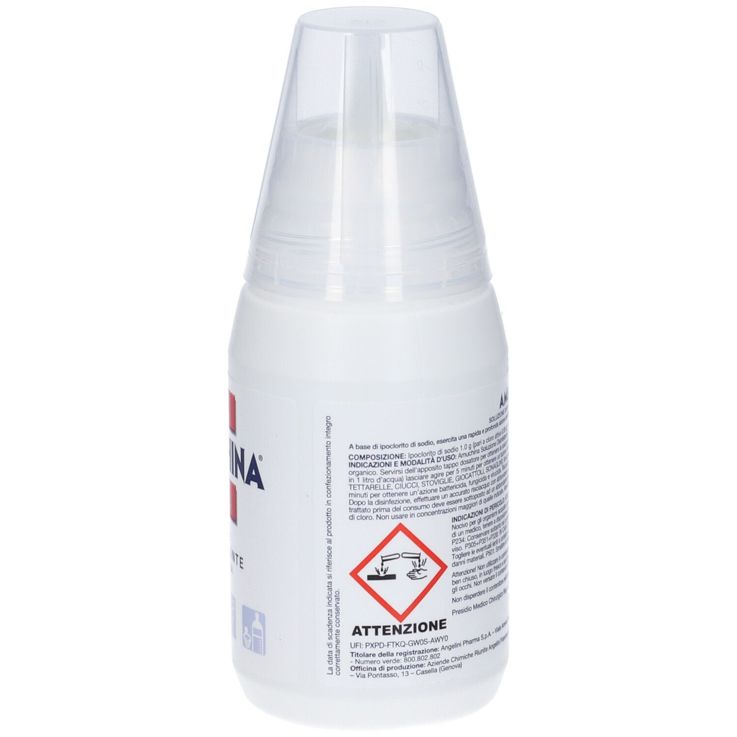 Rückseite der weißen Flasche. Text und Piktogramme. Aufdruck: ATTENZIONE. Text: Soluzione Disinfettante Concentrata.