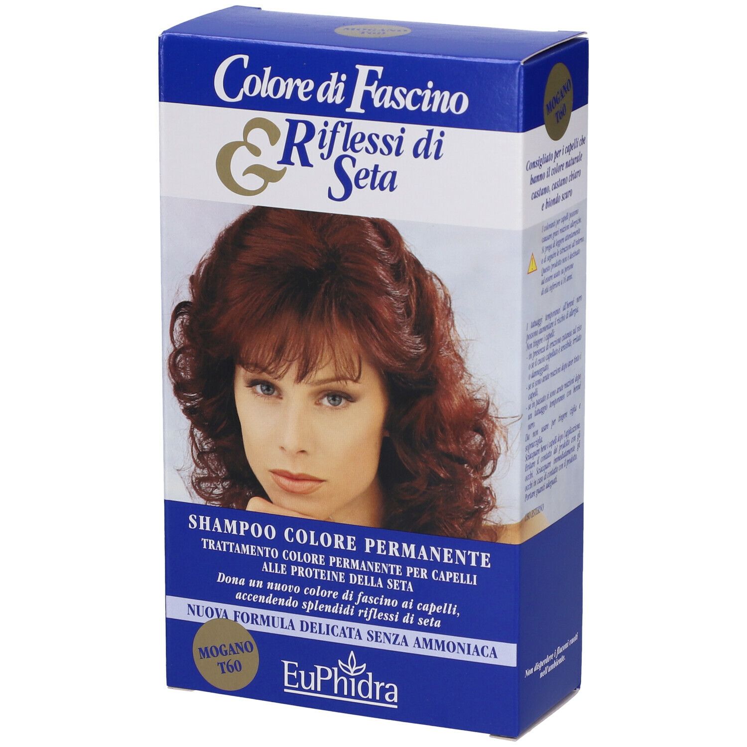Scatola blu e bianca con immagine e testo. Contiene "EuPhidra" e "Mogano T60".