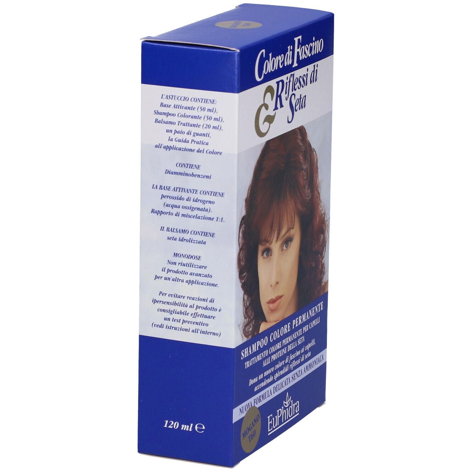 Scatola blu, vista laterale. Testo in italiano. Contiene "120 ml" e "EuPhidra".