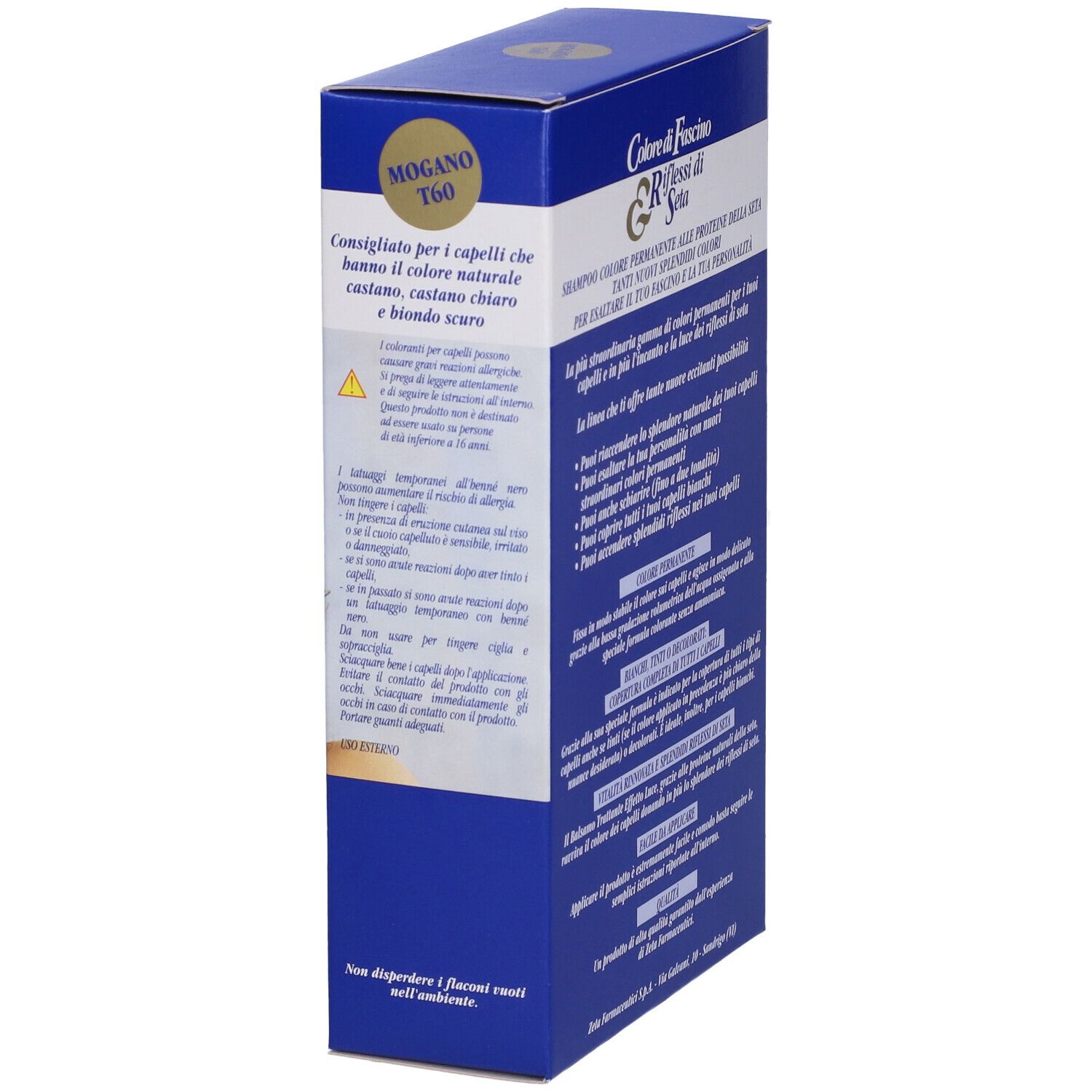 Scatola blu, vista laterale con testo in italiano. Contiene "Mogano T60".