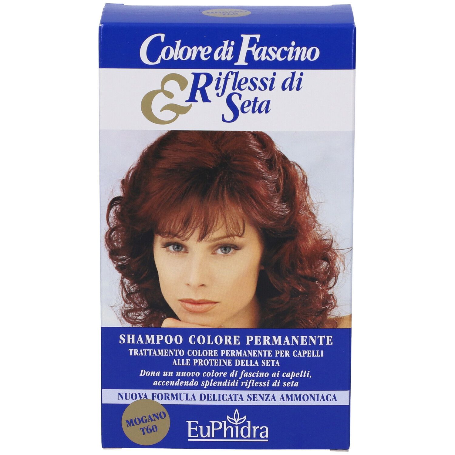 Scatola blu con immagine e testo. Contiene "EuPhidra" e "Mogano T60".