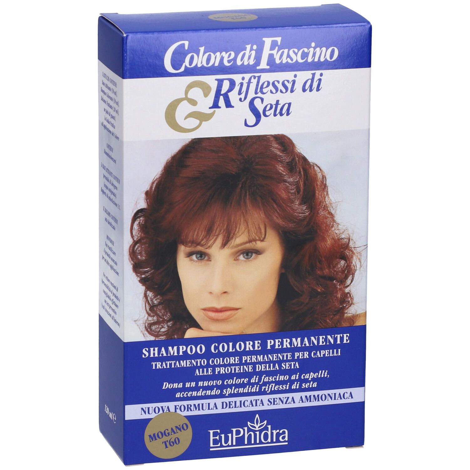 Scatola blu con immagine e testo. Contiene "EuPhidra" e "Mogano T60".