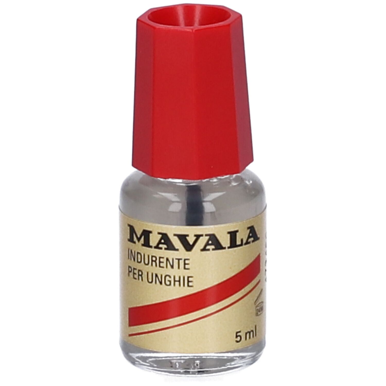 Flacone di indurente per unghie con tappo rosso ed etichetta dorata. Scritta e 5 ml.