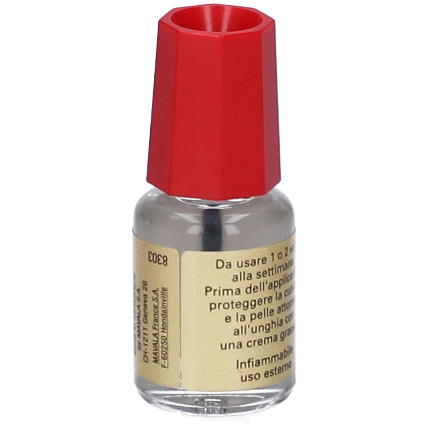 Flacone di indurente per unghie con tappo rosso ed etichetta dorata. Testo e 5 ml.