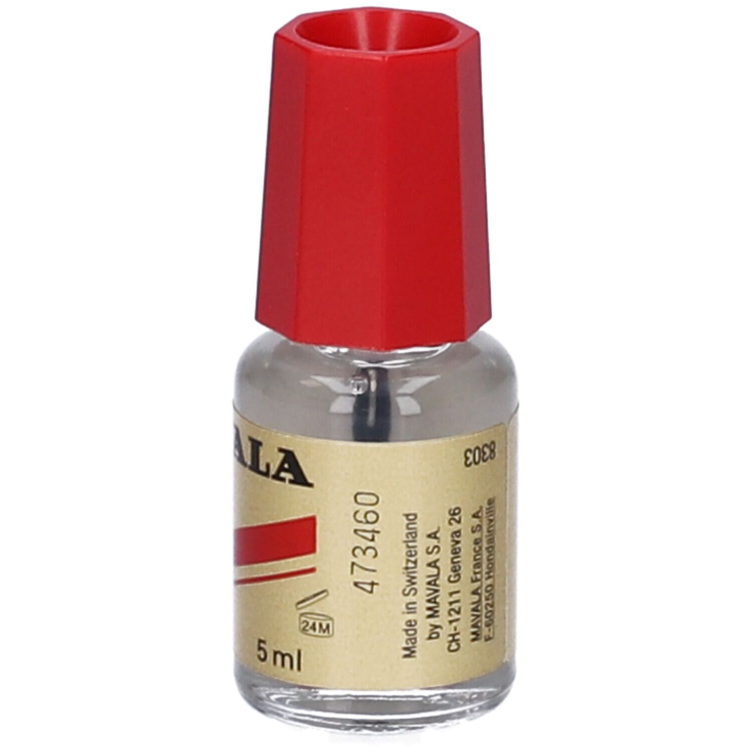 Flacone di indurente per unghie con tappo rosso ed etichetta dorata. Testo e 5 ml.