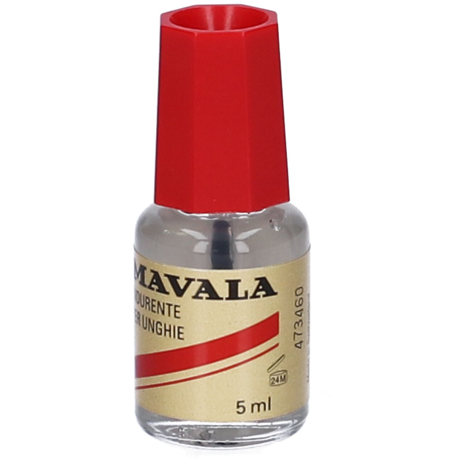 Flacone di indurente per unghie con tappo rosso ed etichetta dorata. Testo e 5 ml.