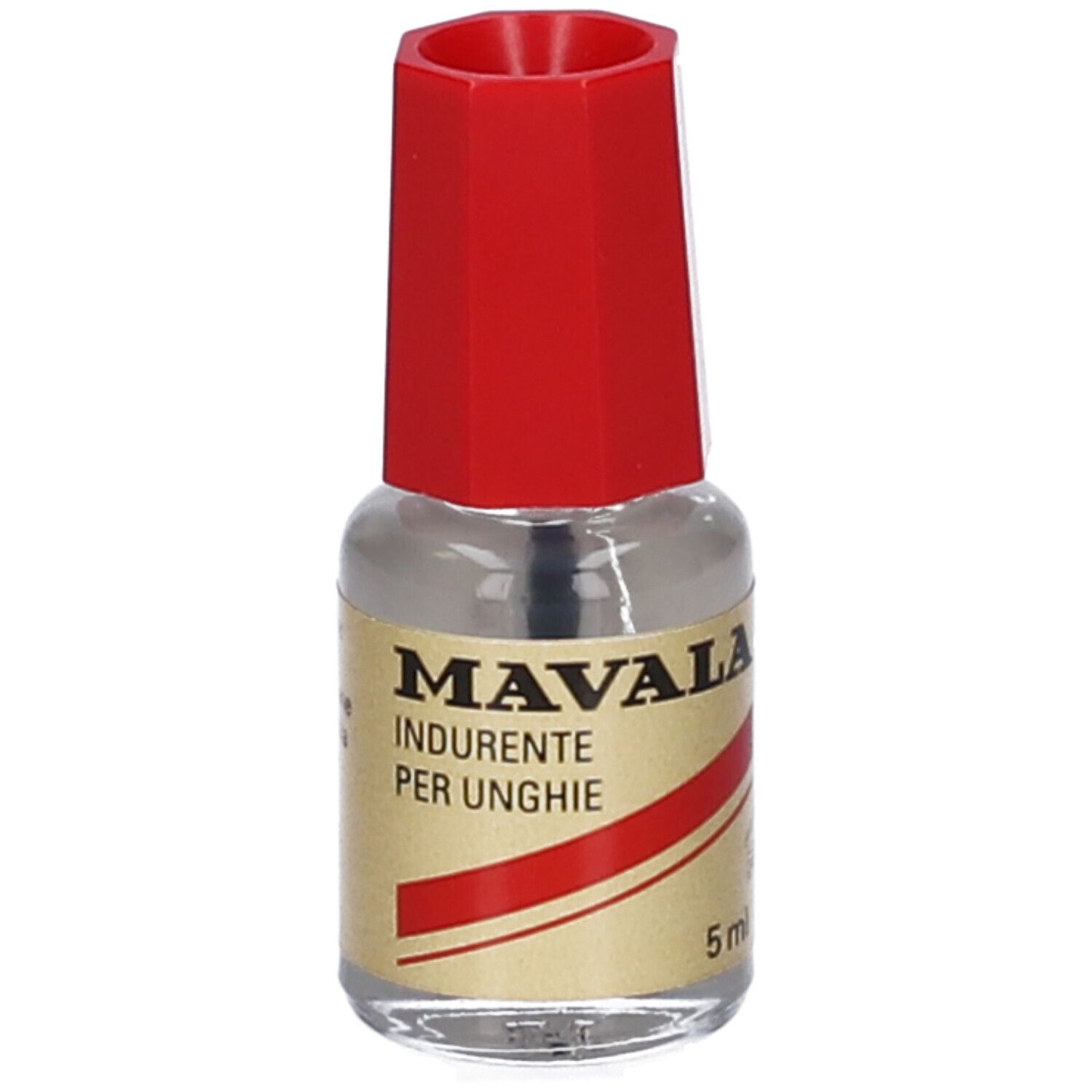 Flacone di indurente per unghie con tappo rosso ed etichetta dorata. Testo e 5 ml.