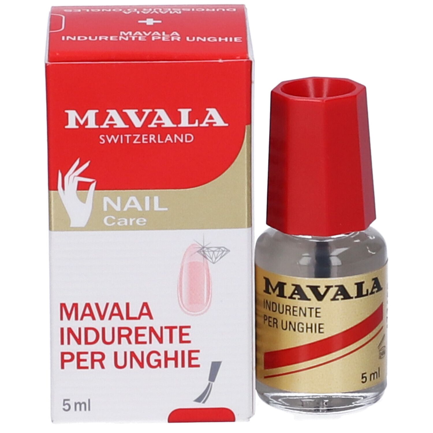 Flacone di indurente per unghie con tappo rosso ed etichetta dorata. Testo e 5 ml.