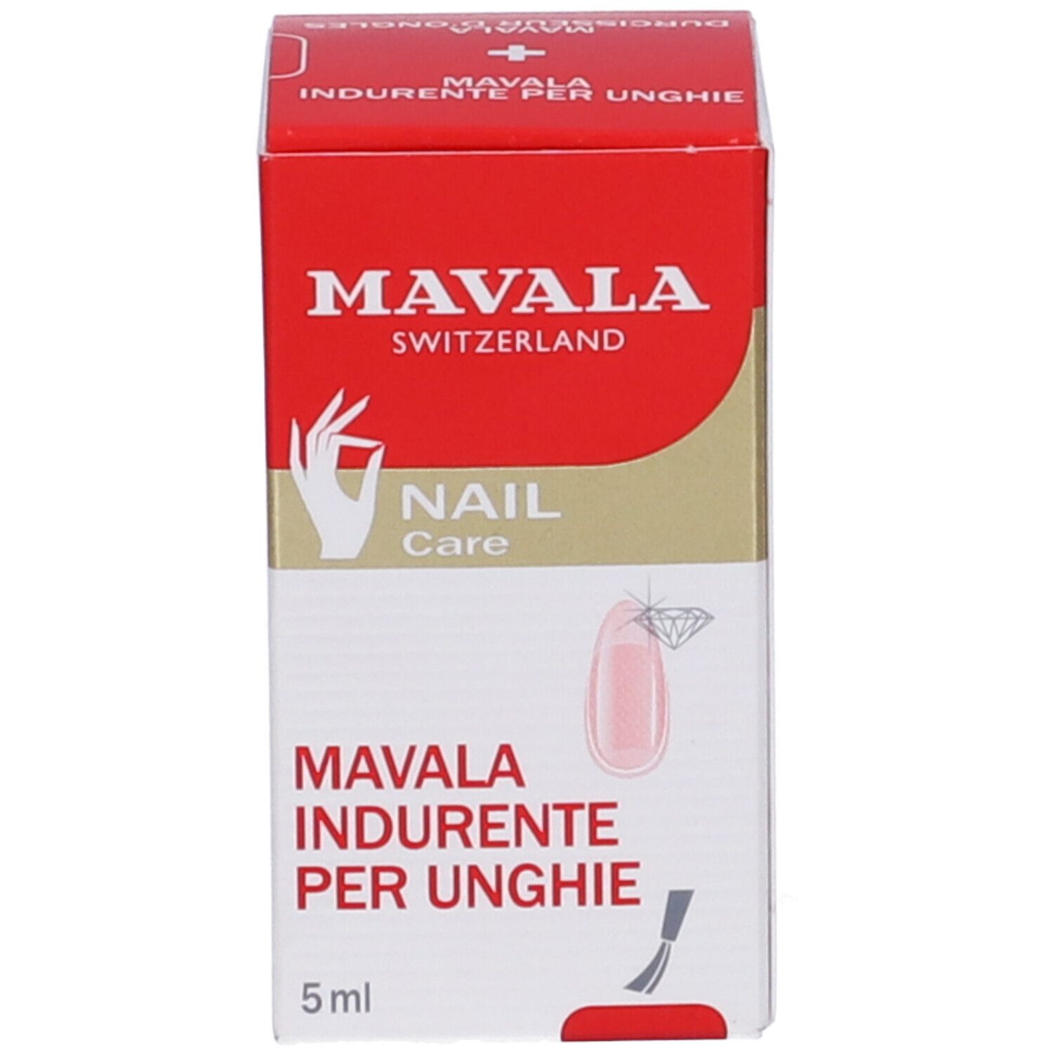 Flacone e confezione di indurente per unghie. Tappo rosso, etichetta dorata con testo. 5 ml.