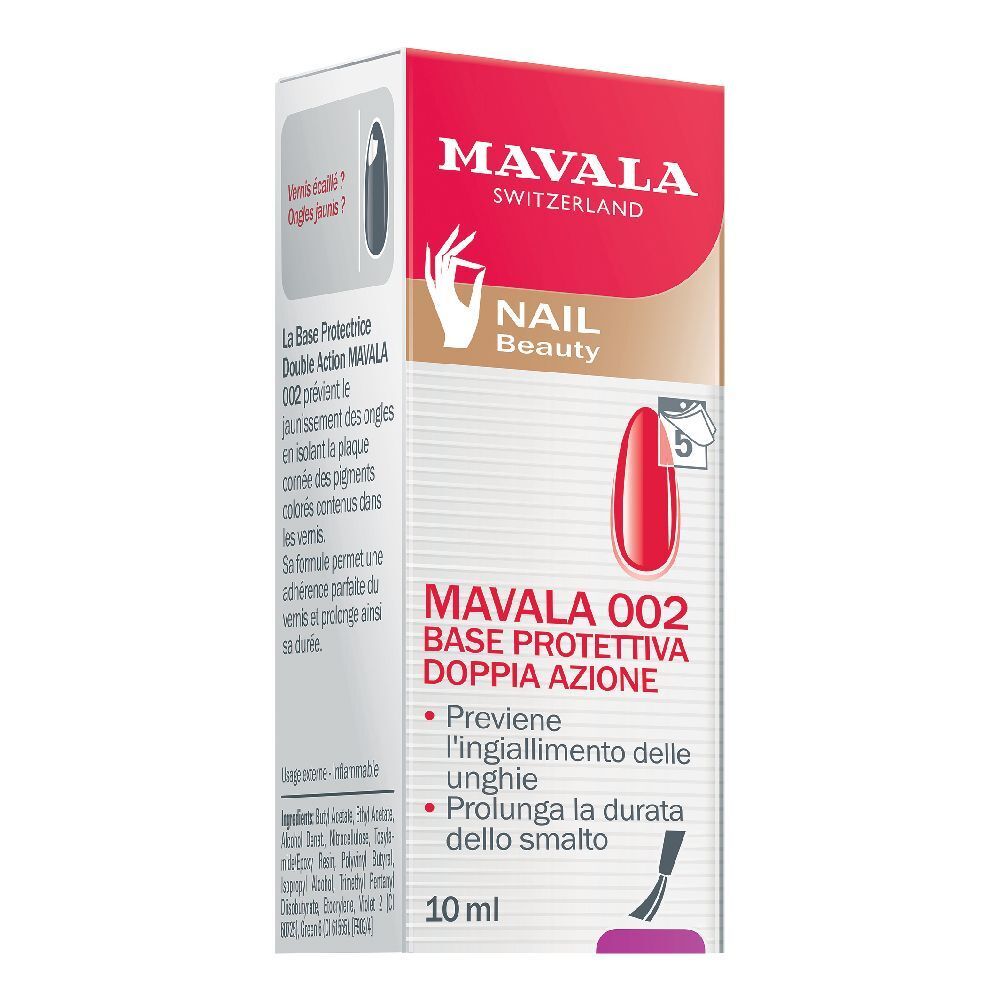 Confezione Mavala 002 Base Rinforzante Unghie. Scatola rossa e bianca con informazioni sul prodotto e logo.