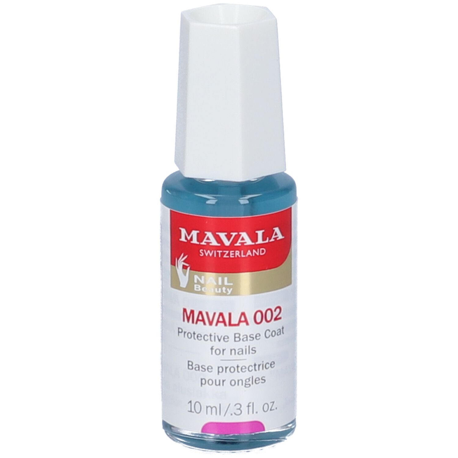Mavala 002 Base Rinforzante Unghie. Flacone con contenuto blu e tappo bianco. Informazioni sul prodotto.