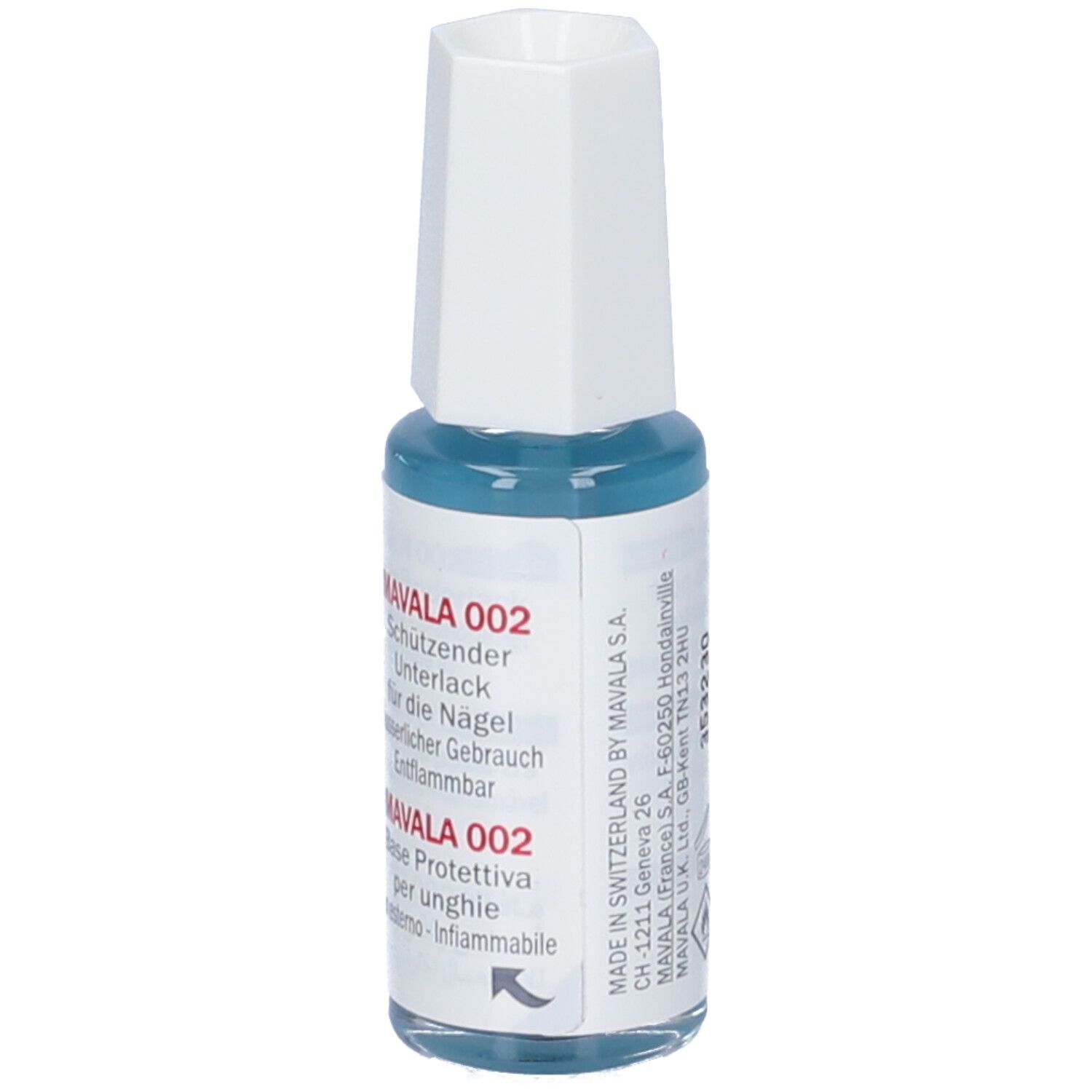 Mavala 002 Base Rinforzante Unghie. Flacone con contenuto blu e tappo bianco. Informazioni sul prodotto.