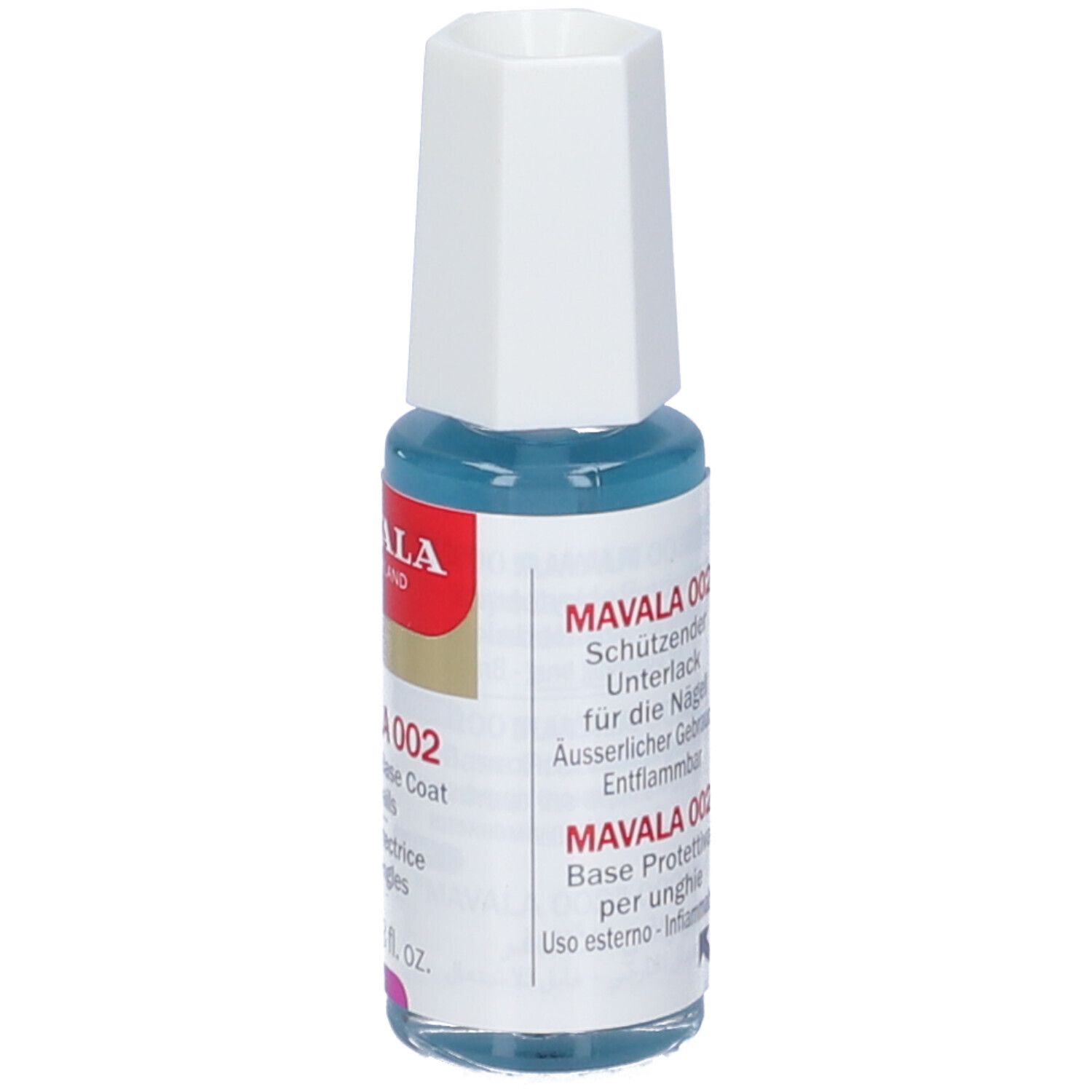 Mavala 002 Base Rinforzante Unghie. Flacone con contenuto blu e tappo bianco. Informazioni sul prodotto.