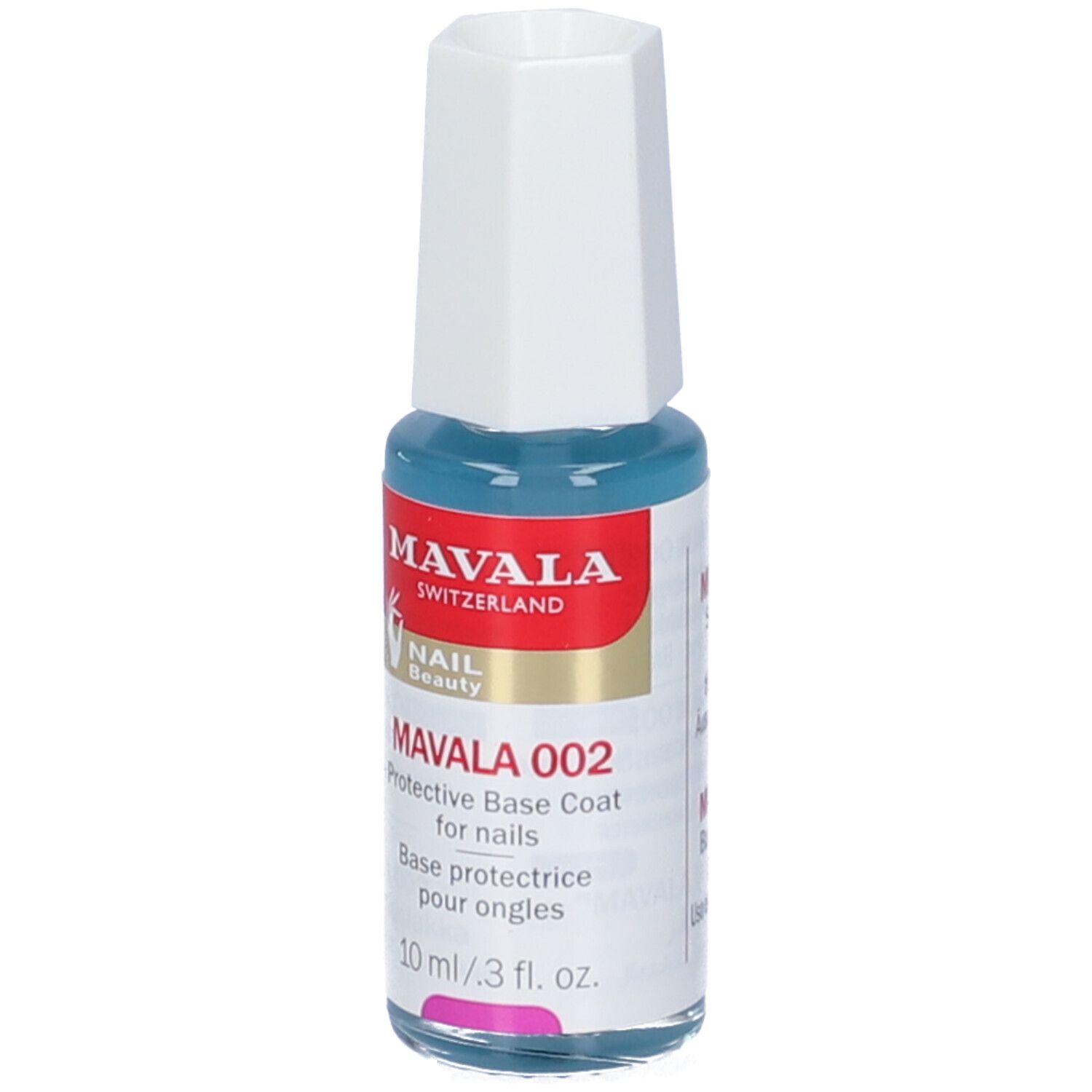 Mavala 002 Base Rinforzante Unghie. Flacone con contenuto blu e tappo bianco. Informazioni sul prodotto.