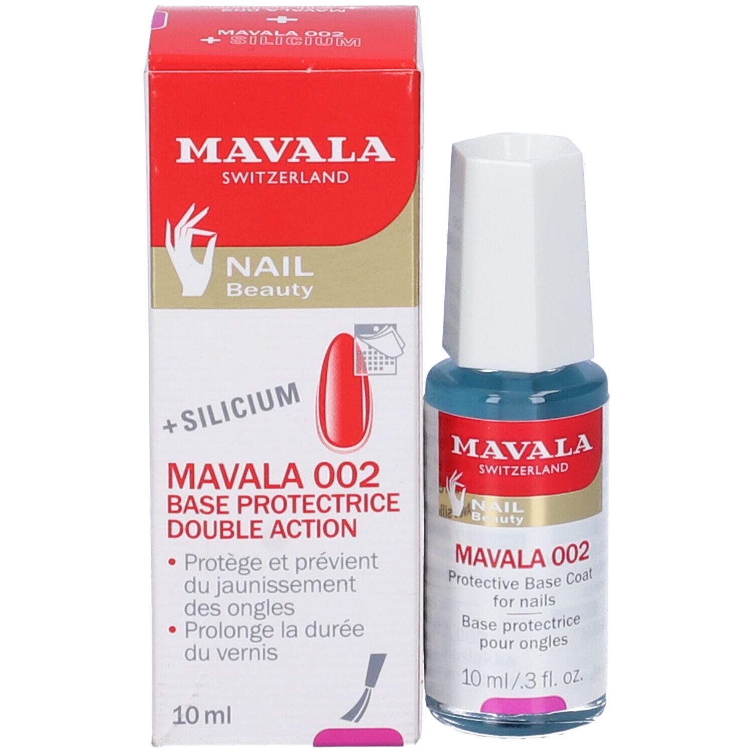 Mavala 002 Base Rinforzante Unghie. Flacone e confezione. Informazioni sul prodotto e logo.