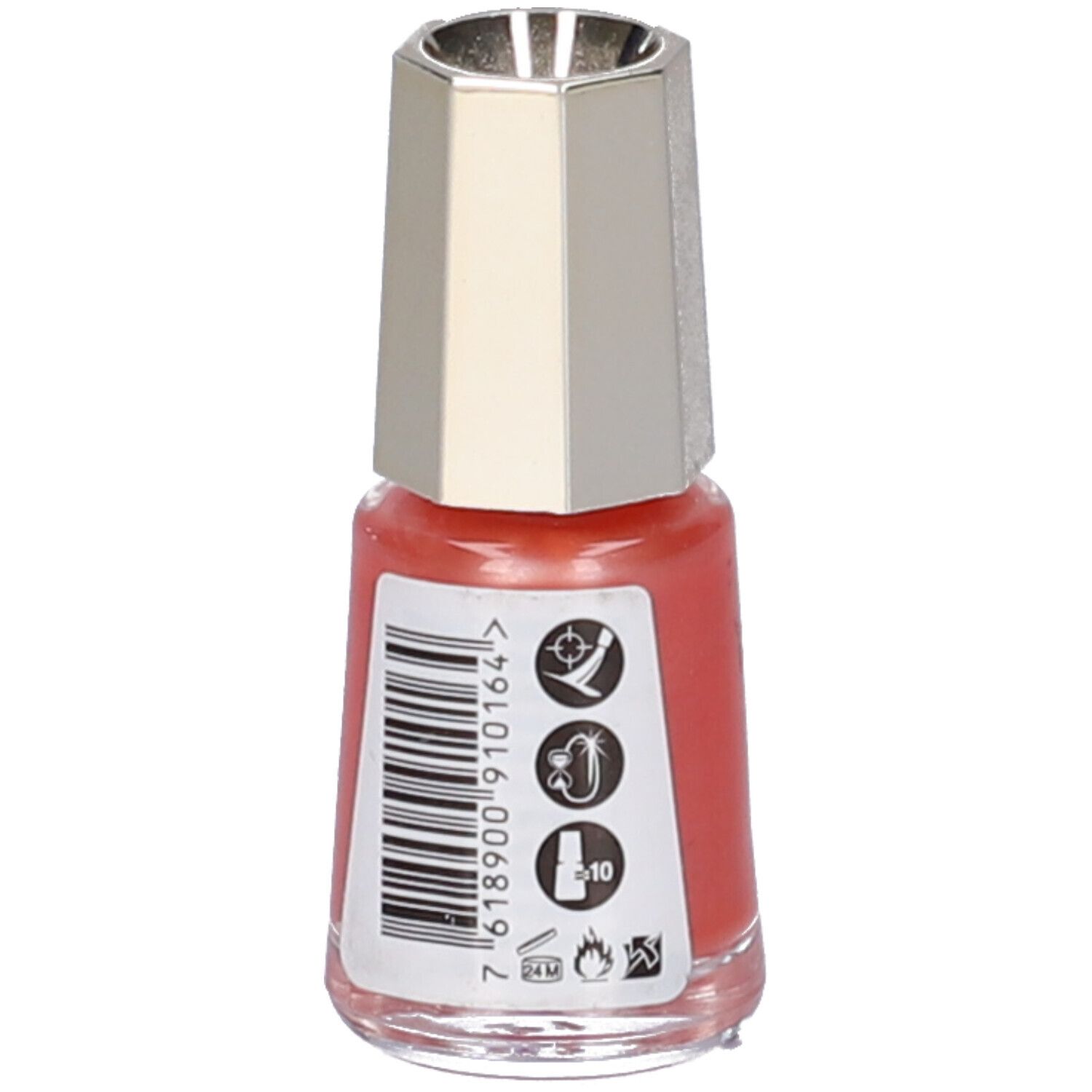 Nagellackflasche, rosa-orange Farbe. Rückseite mit Barcode und Symbolen. Silberfarbener Deckel.
