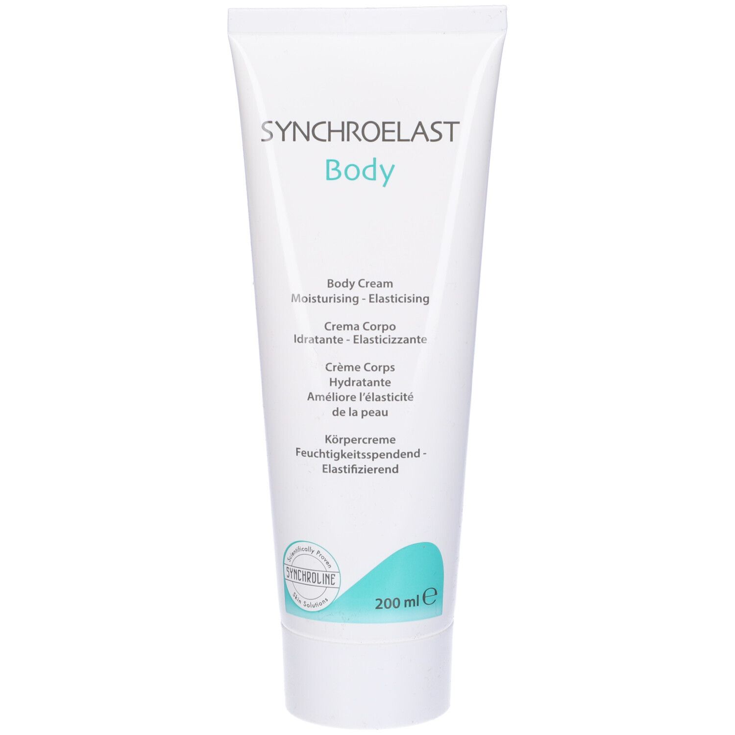 Tubo bianco con stampa blu. Scritta: Synchroelast Body. Testo: Body Cream, 200 ml.