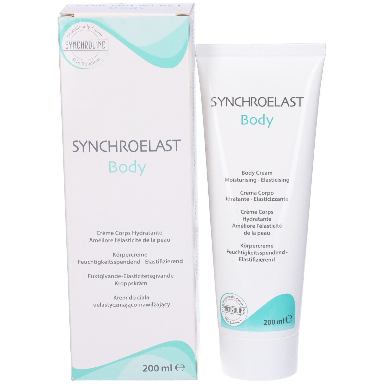 Confezione prodotto con tubo e scatola. Scritta: Synchroelast Body. 200 ml.