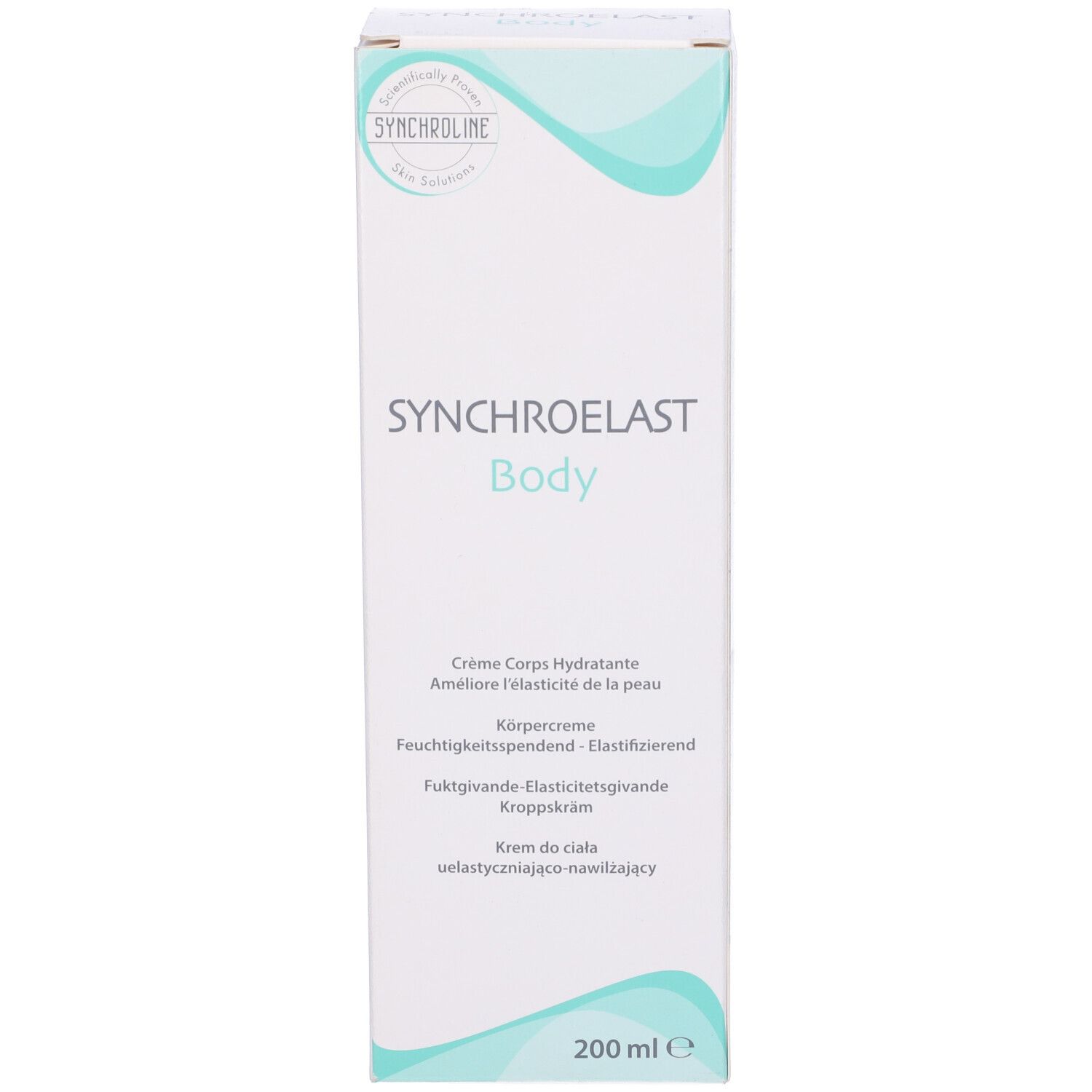 Confezione prodotto stretta. Scritta: Synchroelast Body. 200 ml. Logo.
