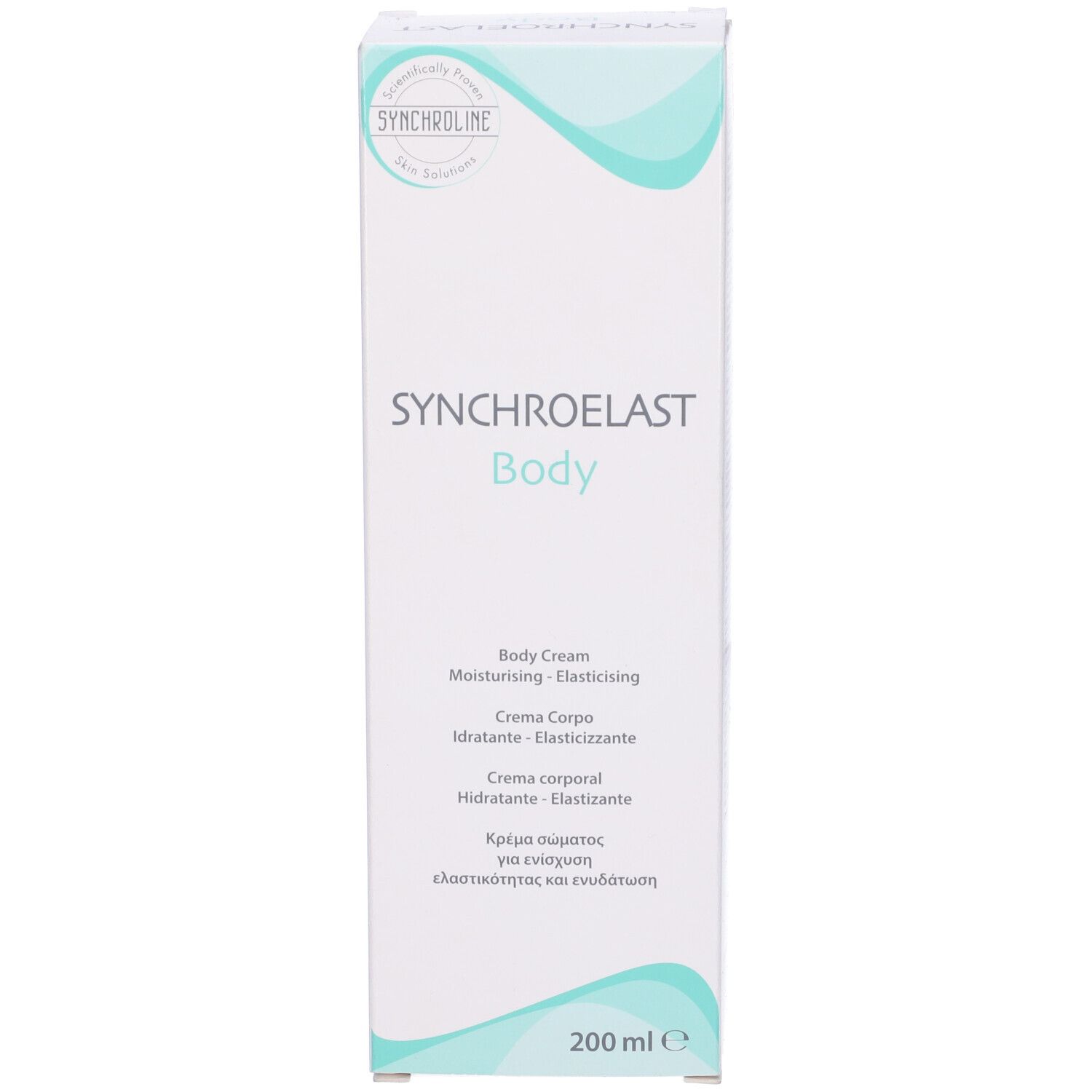 Confezione prodotto. Scritta: Synchroelast Body. 200 ml. Logo.