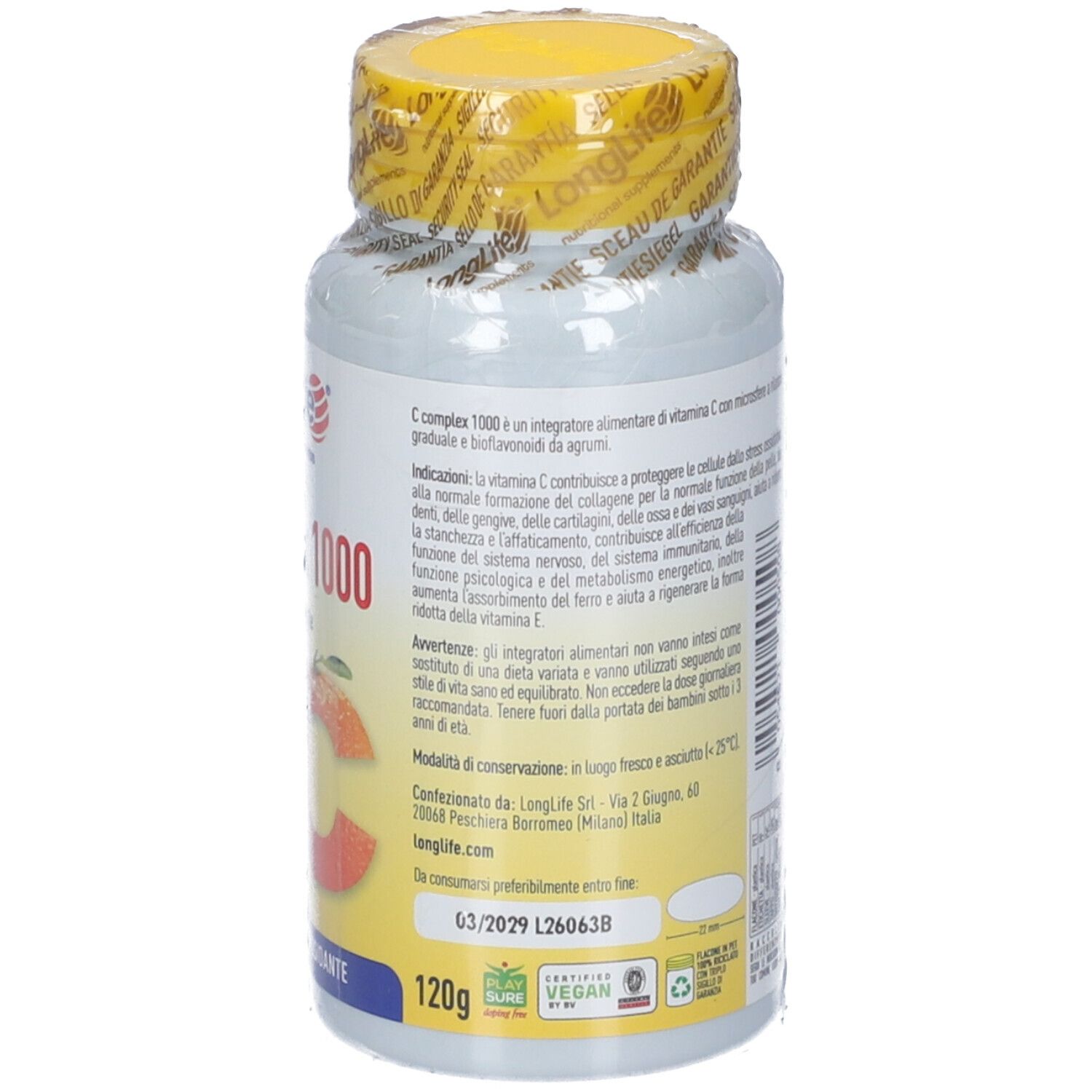 Longlife C Complex 1000 Nahrungsergänzungsmittel, 120g, Vitamin C.