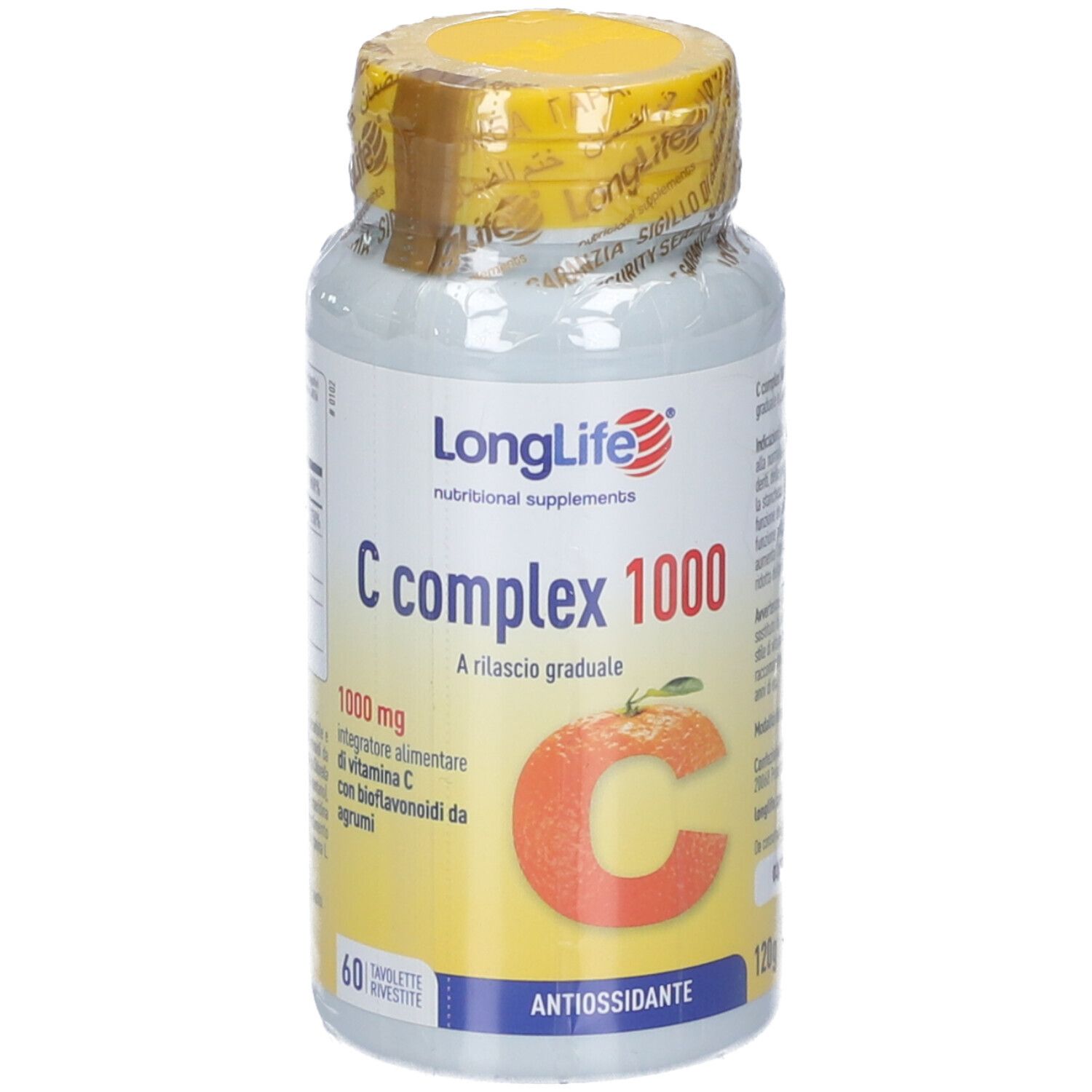 Flasche mit LongLife C complex 1000 Nahrungsergänzungsmittel, 60 Tabletten, mit Vitamin C und Bioflavonoiden.