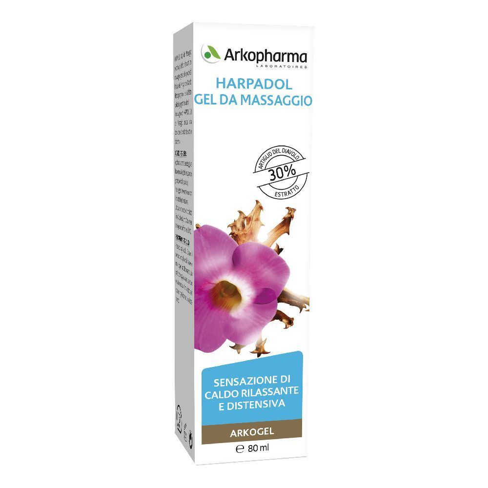 Scatola di HARPADOL® GEL. Scritte: Arkopharma, HARPADOL GEL DA MASSAGGIO, estratto 30%, Arkogel, 80 ml. Immagine di un fiore.