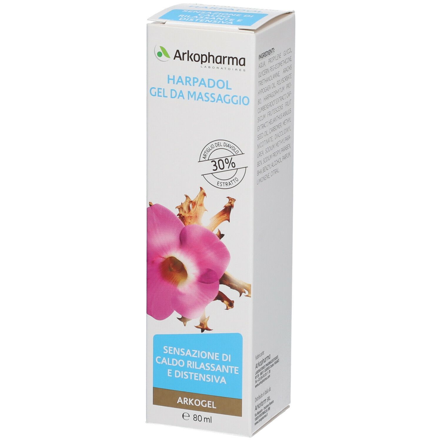 Scatola di HARPADOL® GEL. Scritte: Arkopharma, HARPADOL GEL DA MASSAGGIO, estratto 30%, Arkogel, 80 ml. Immagine di un fiore.