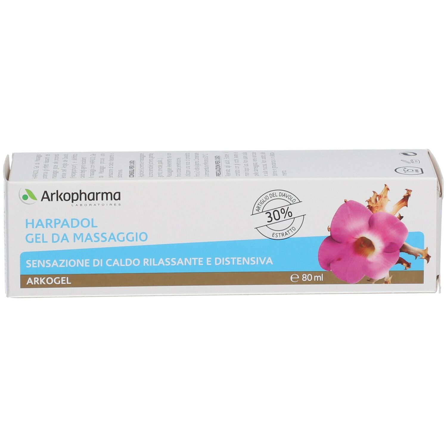 Scatola di HARPADOL® GEL. Scritte: Arkopharma, HARPADOL GEL DA MASSAGGIO, estratto 30%, Arkogel, 80 ml. Immagine di un fiore.