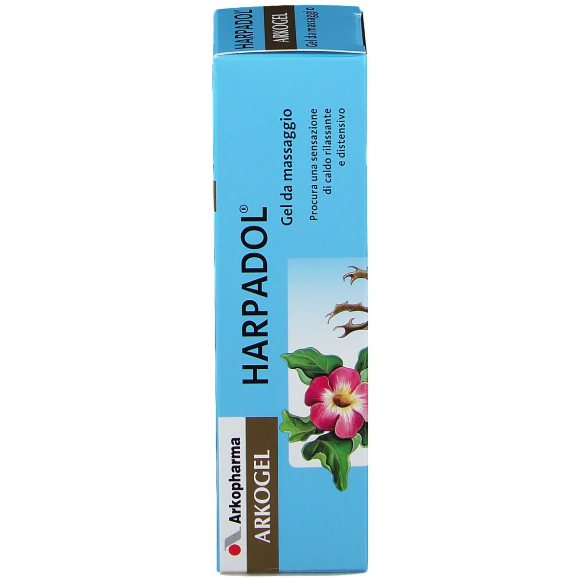 Tubo di HARPADOL® GEL. Scritte: HARPADOL, Arkopharma, Arkogel. Immagine di un fiore. Colori blu e marrone.