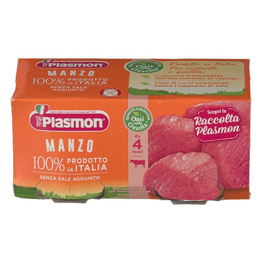 Verpackung mit Gläsern und Fleisch. Aufschrift: Plasmon Manzo, 100% in Italien, ohne Salzzusatz. Mit Fleischstücken.