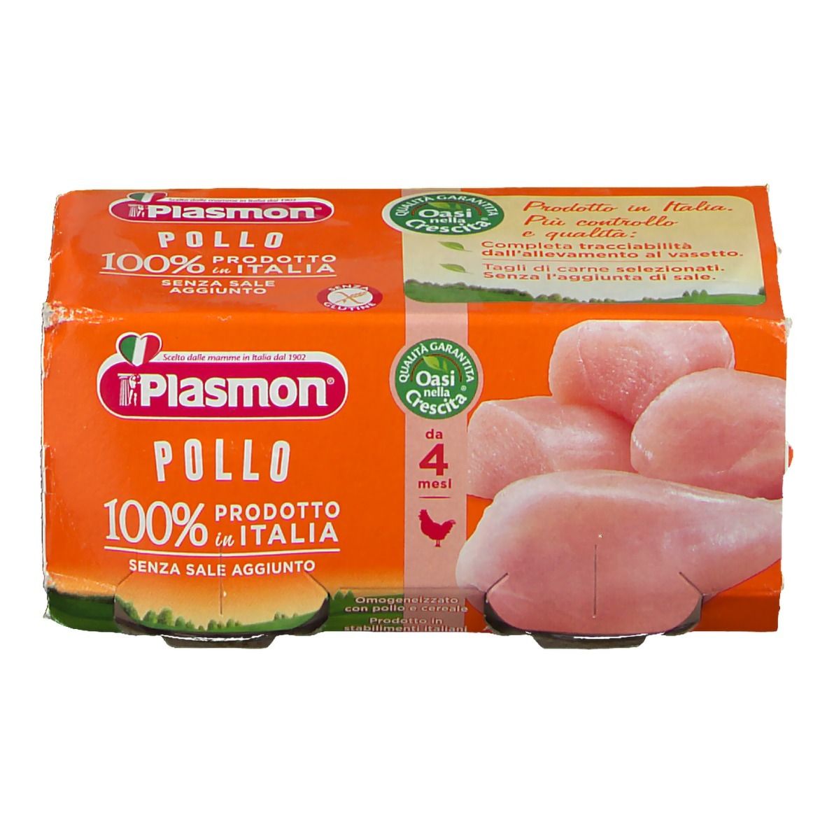 Plasmon® Pollo-Gläschen in Kartonverpackung. Aufschrift: 100% aus Italien, ohne Salz. Daneben Hähnchenstücke.