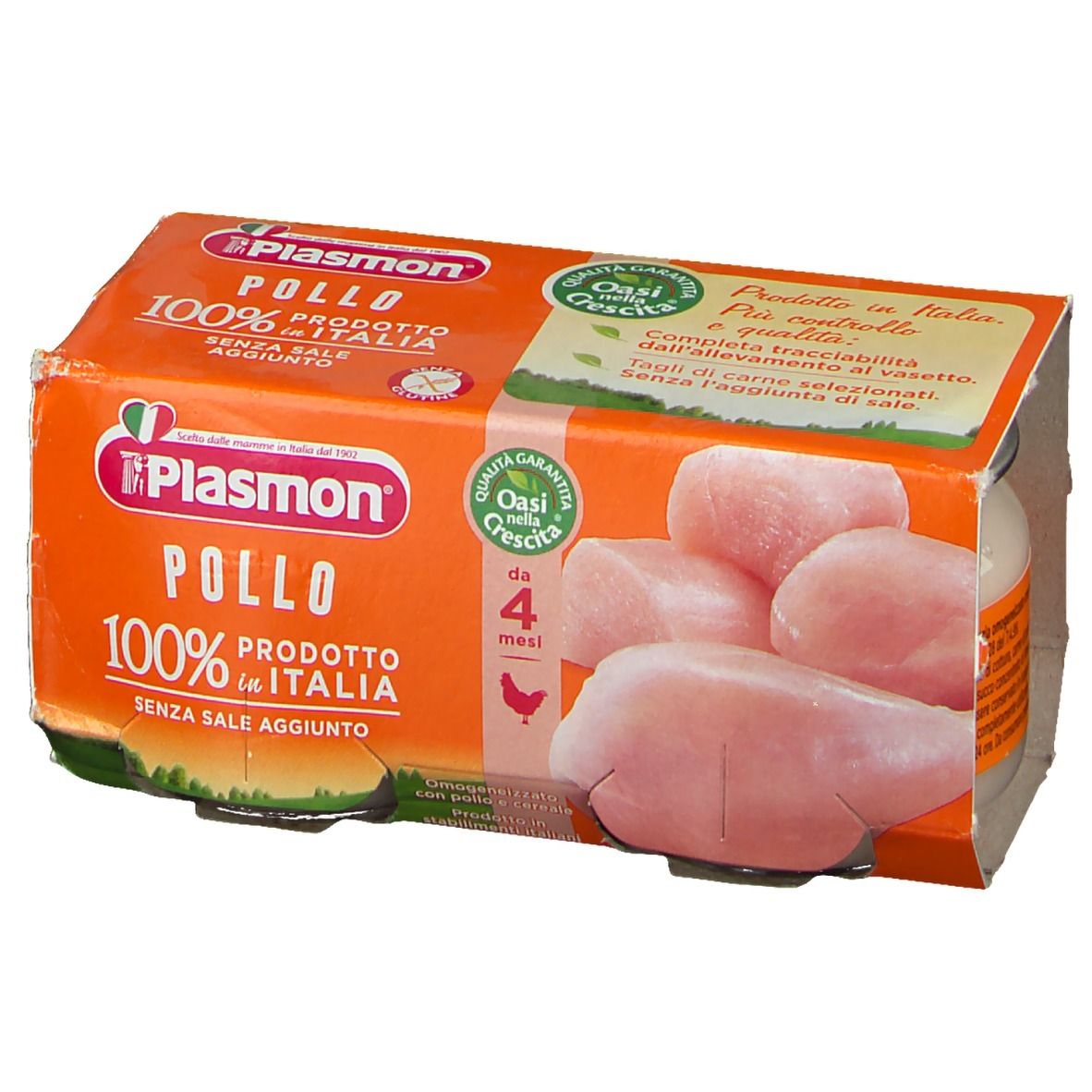 Plasmon® Pollo-Gläschen in Kartonverpackung. Aufschrift: 100% aus Italien, ohne Salz. Daneben Hähnchenstücke.