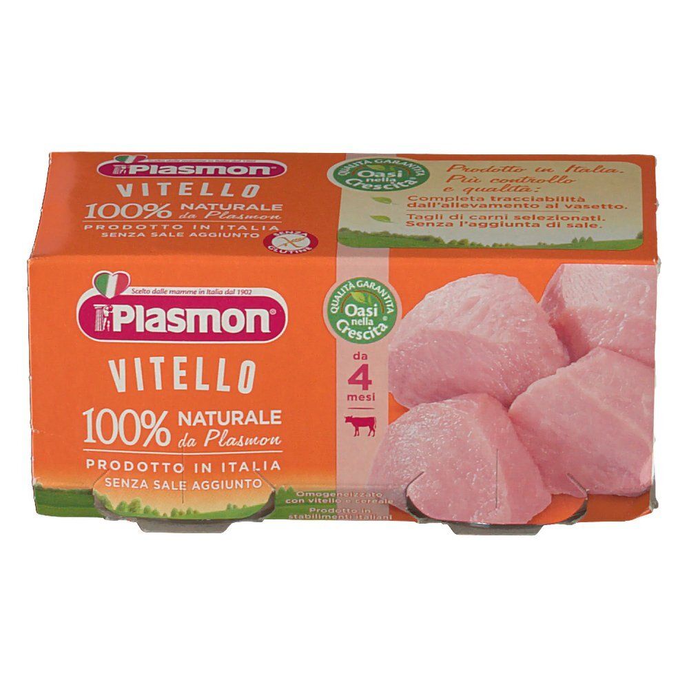 Verpackung mit Fleischstücken. Aufschrift: Plasmon Vitello, 100% naturale. Produkt aus Italien. Ohne Salzzusatz. Für Kinder ab 4 Monaten.