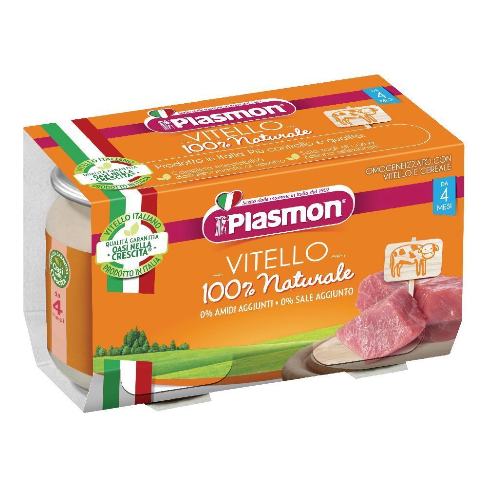 Confezione da due vasetti Plasmon Vitello 100% naturale. Confezione arancione con informazioni sul prodotto e logo.