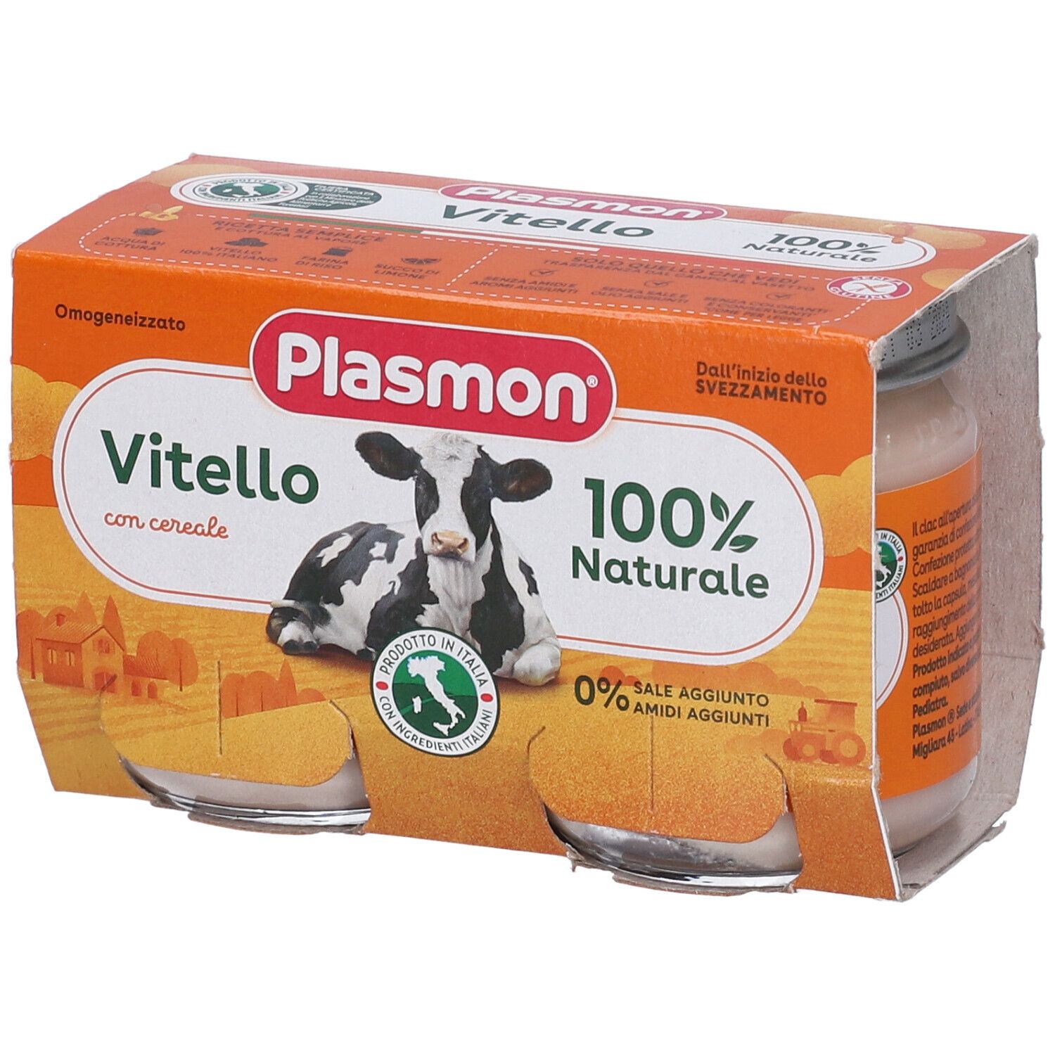 Confezione da due vasetti Plasmon Vitello 100% naturale. Immagine di una mucca sulla confezione.