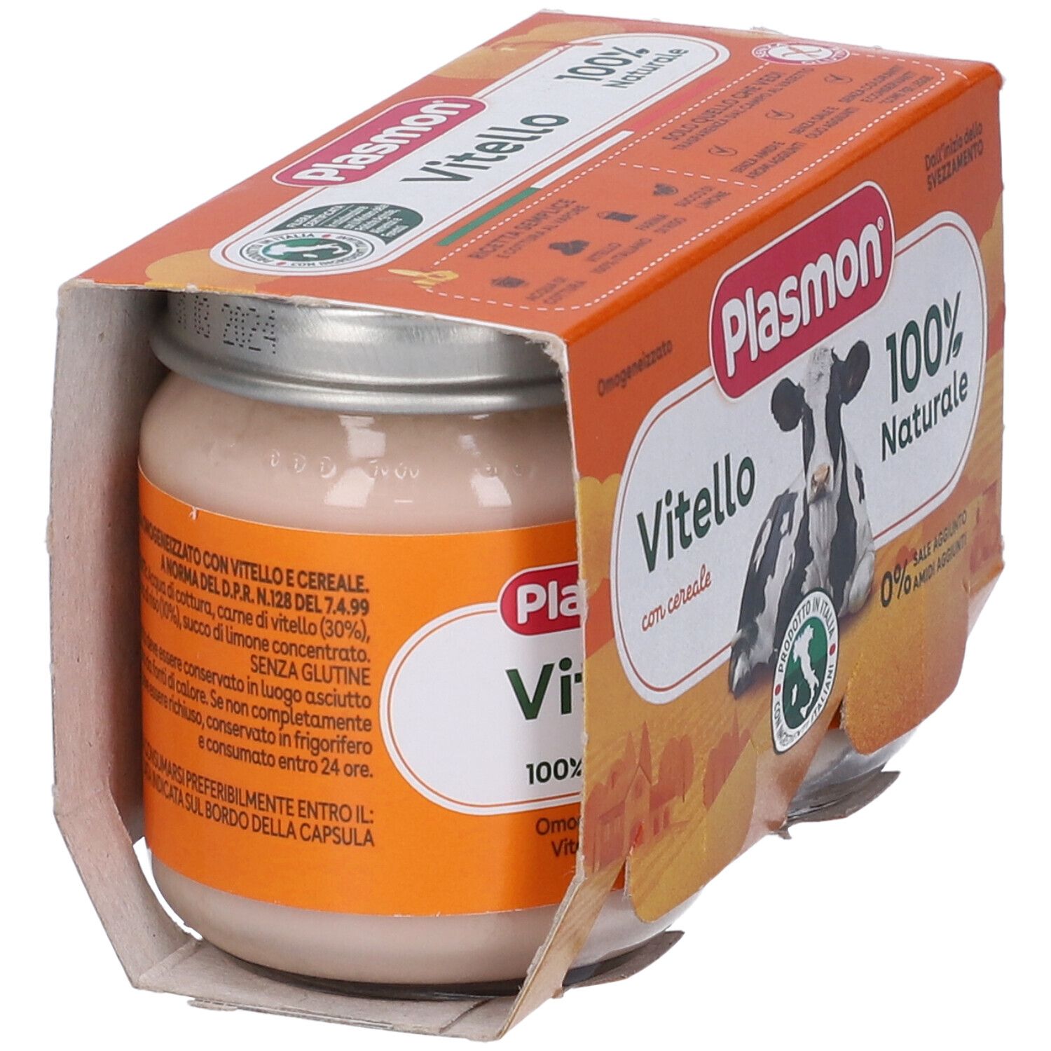Vasetto Plasmon Vitello 100% naturale in confezione aperta. Informazioni sul prodotto sull'etichetta.