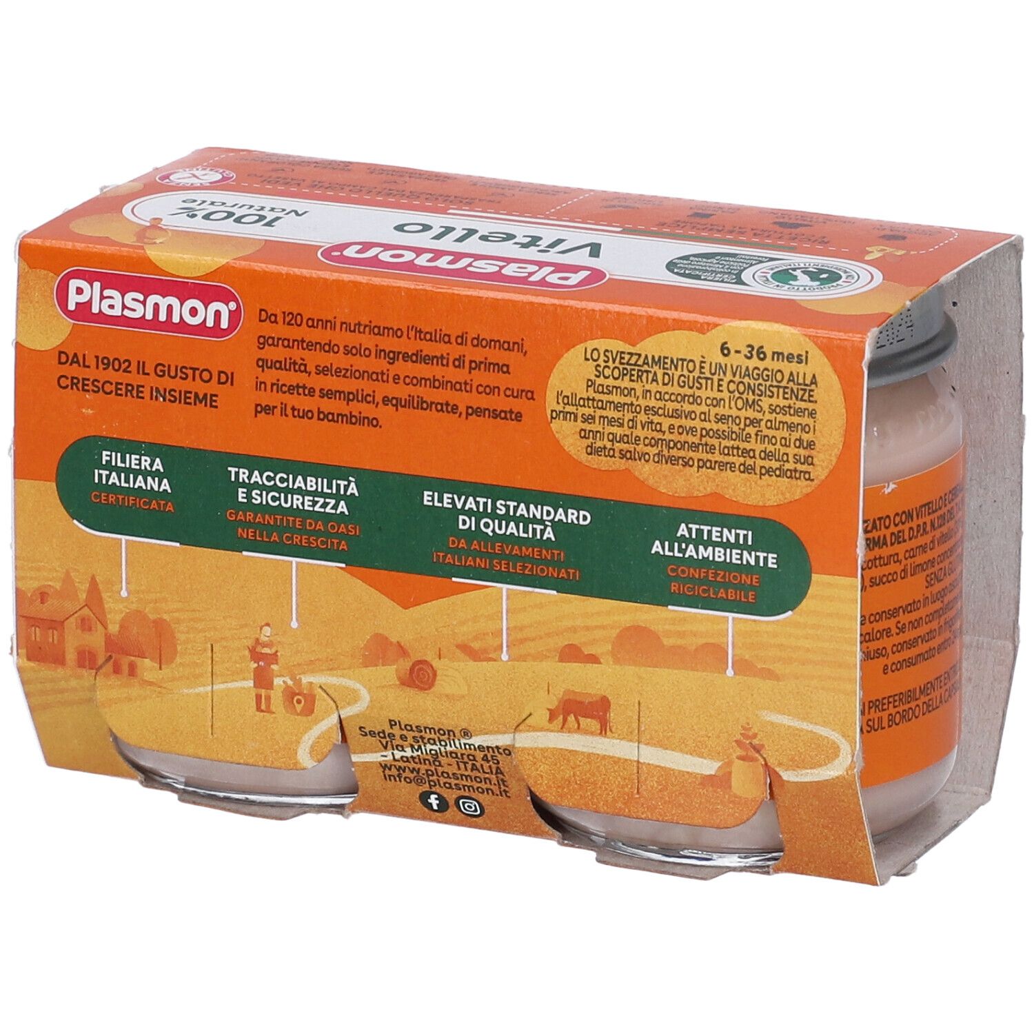 Retro della confezione di due vasetti Plasmon Vitello. Informazioni sugli ingredienti e sulla qualità.