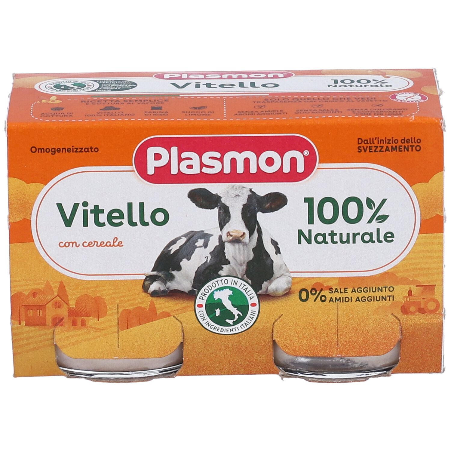 Confezione da due vasetti Plasmon Vitello 100% naturale. Immagine di una mucca e informazioni sul prodotto.