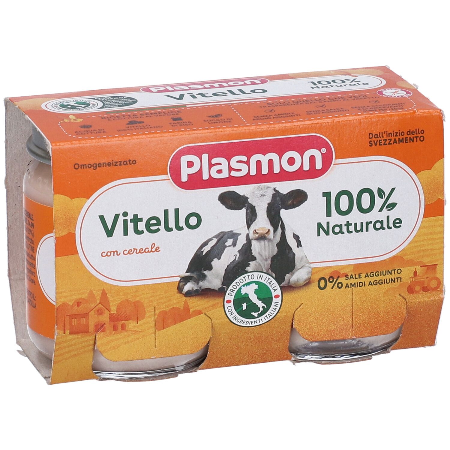 Confezione da due vasetti Plasmon Vitello 100% naturale. Prodotto e confezione in dettaglio.