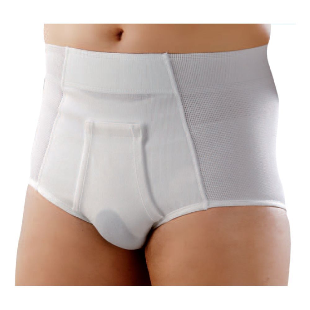Cintoslip erniario aperto bianco da uomo con pelotte. Caratteristiche visibili: fascia elastica, aree rinforzate, lati traspiranti.