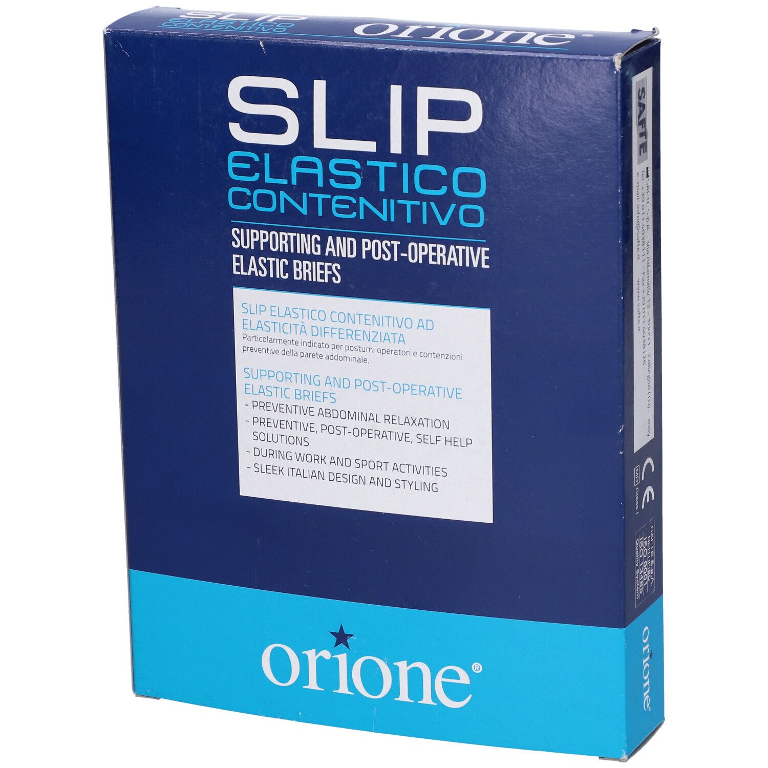 Scatola blu con informazioni prodotto. Scritto: SLIP ELASTICO CONTENITIVO. Marchio: Orione.