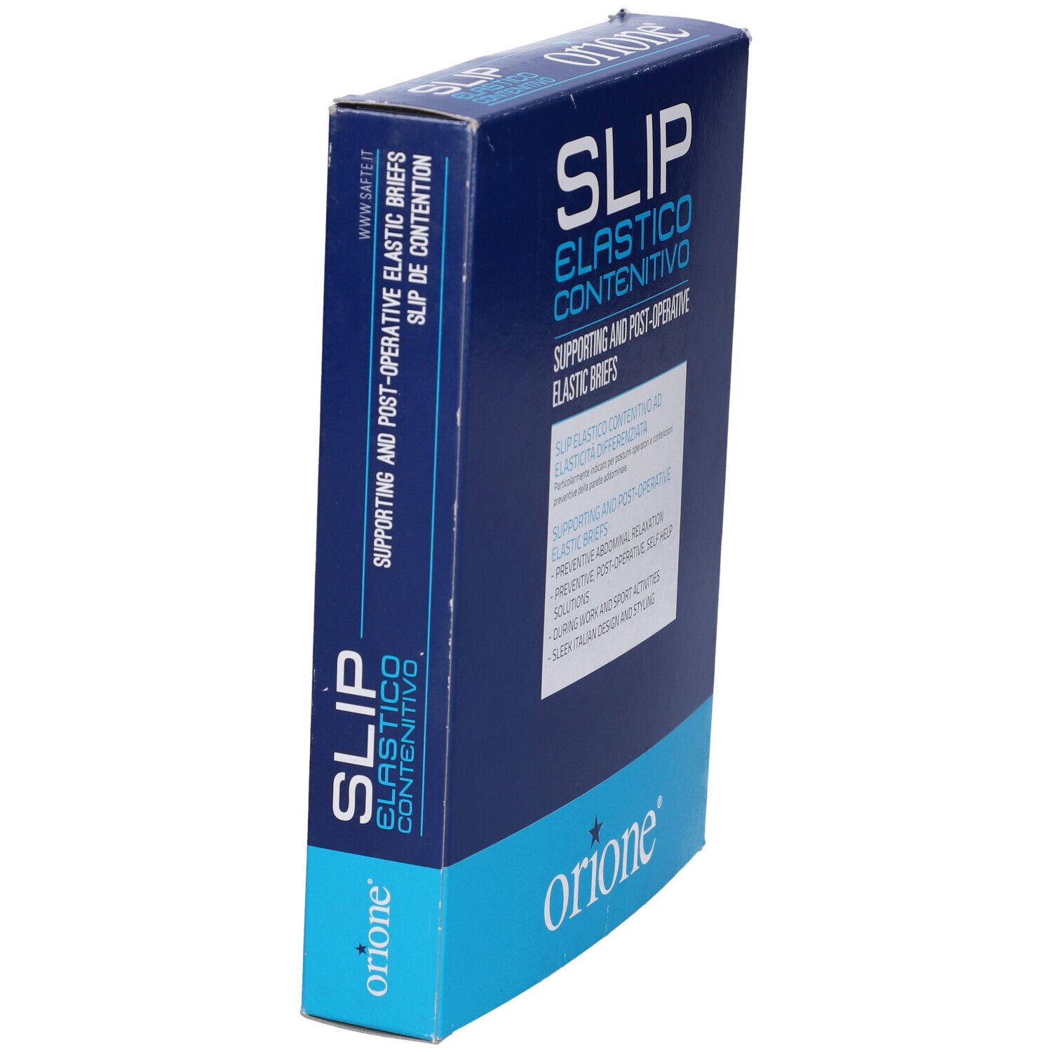 Scatola blu, SLIP ELASTICO CONTENITIVO. Testo: SUPPORTING AND POST-OPERATIVE ELASTIC BRIEFS. Marchio: Orione.