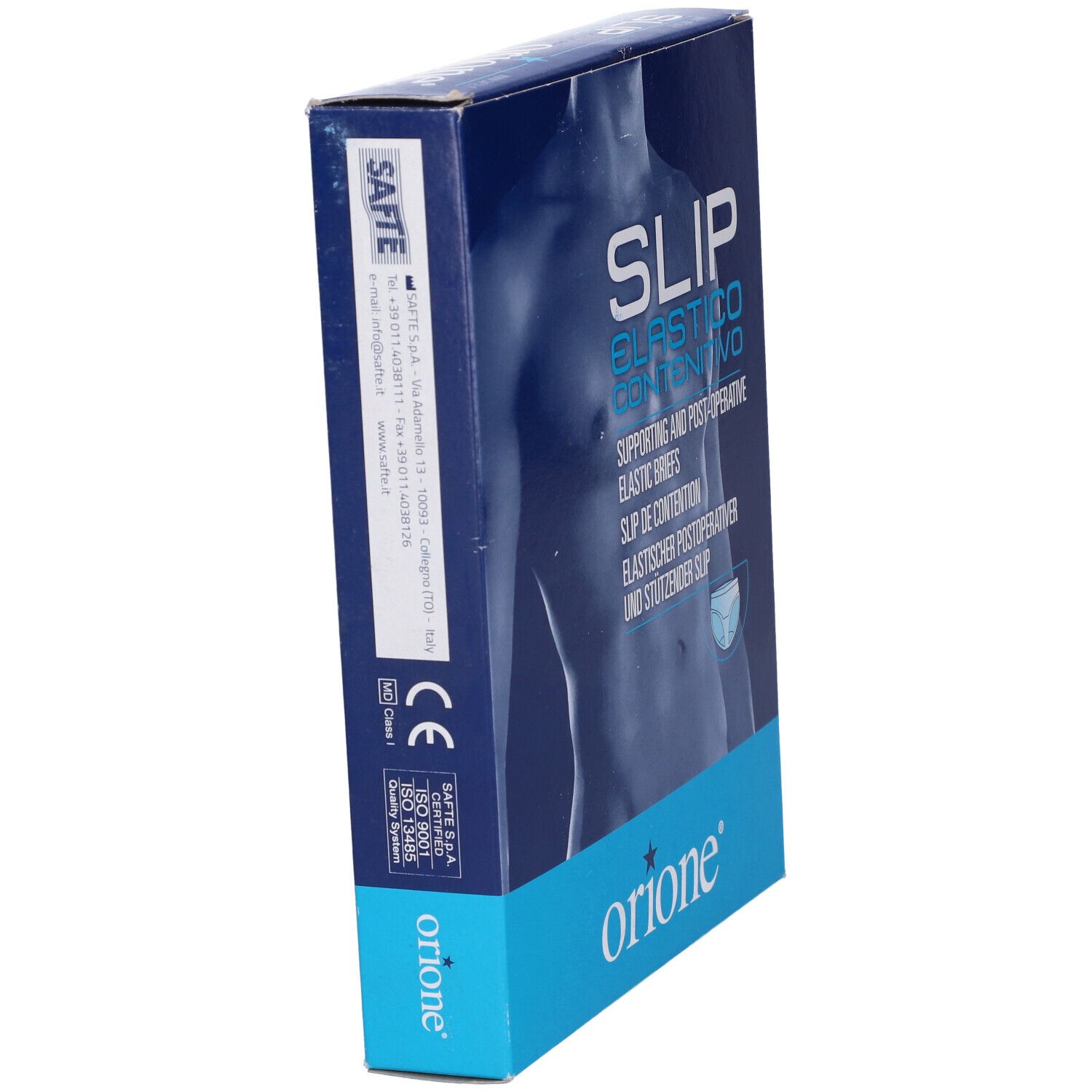 Scatola blu, SLIP ELASTICO CONTENITIVO. Testo e logo: Orione. Certificazioni.